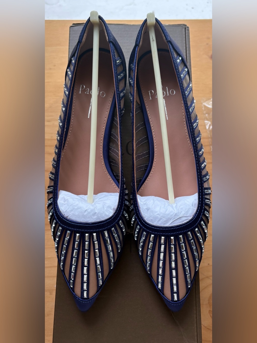 LINEA Paolo Noelle Navy Satin Crystal Embellished Flats Size 6.5 NIB